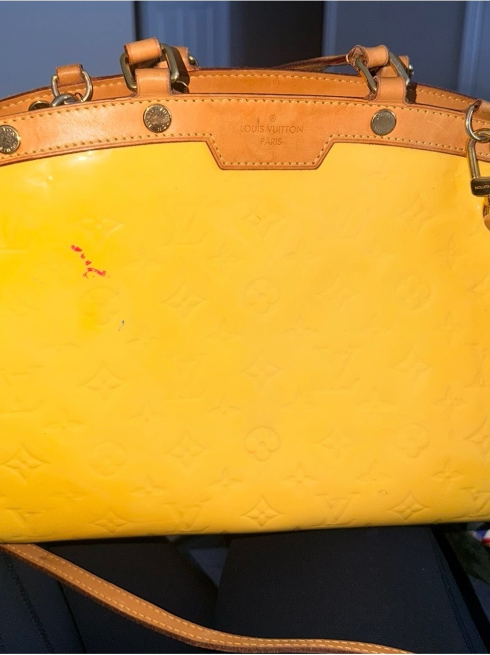 Louis Vuitton Yellow Patent Vernis Alma Satchel with Natural Leather Trim